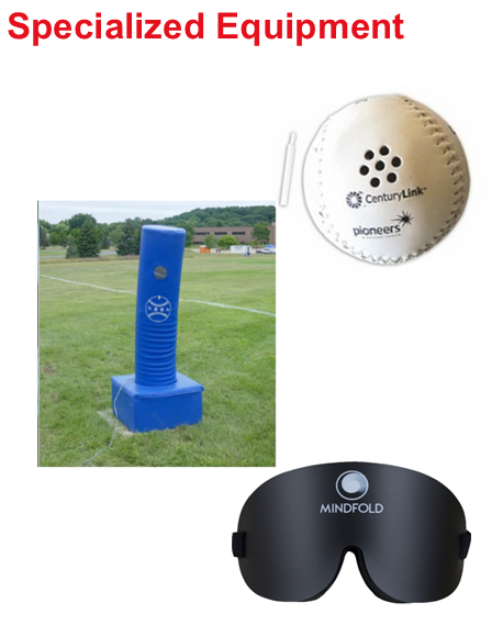 Photo array showing a Base, a Beep ball and Blindfold